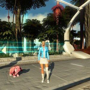 Radar Jacket Blue and Pink, Short Pleated Skirt, Over knee socks and Omegaton Pops, Pic at Port Athe
