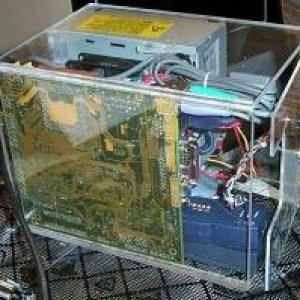 My 2001 vintage clearcube computer. The motherboard is 6.7"x6.7" and was custom ordered from Asia. Pentium 3 processor and 256MB (?) PC100 SDRAM DIMM.